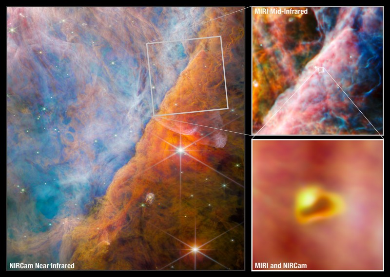 These Webb images show a part of the Orion Nebula known as the Orion Bar