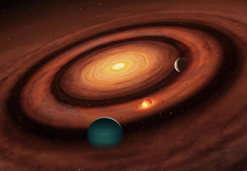 Artistic rendering of how small planets can form ‘sandwiched’ in between two larger ones
