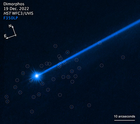 Image of the asteroid Dimorphos, with compass arrows, scale bar, and color key for reference