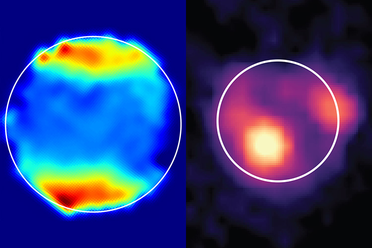 A spectroscopic map of Jupiter moons Ganymede (left) and Io