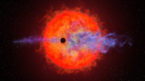 This artist's illustration shows a planet (dark silhouette) passing in front of the red dwarf star AU Microscopii