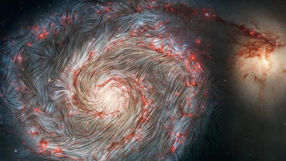 he magnetic field in the Whirlpool Galaxy (M51), captured by NASA's flying Stratospheric Observatory for Infrared Astronomy (SOFIA) observatory superimposed on a Hubble telescope picture of the galaxy