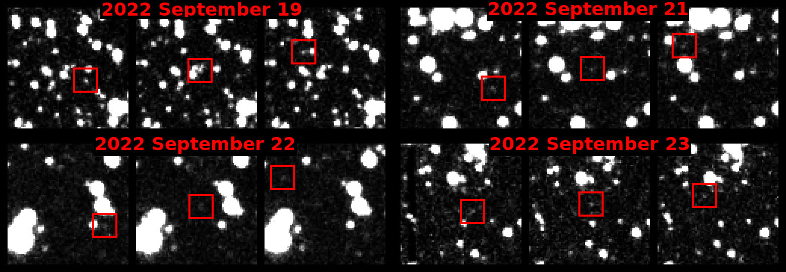 Discovery images from the ATLAS survey, with 2022 SF289 visible in the red boxes