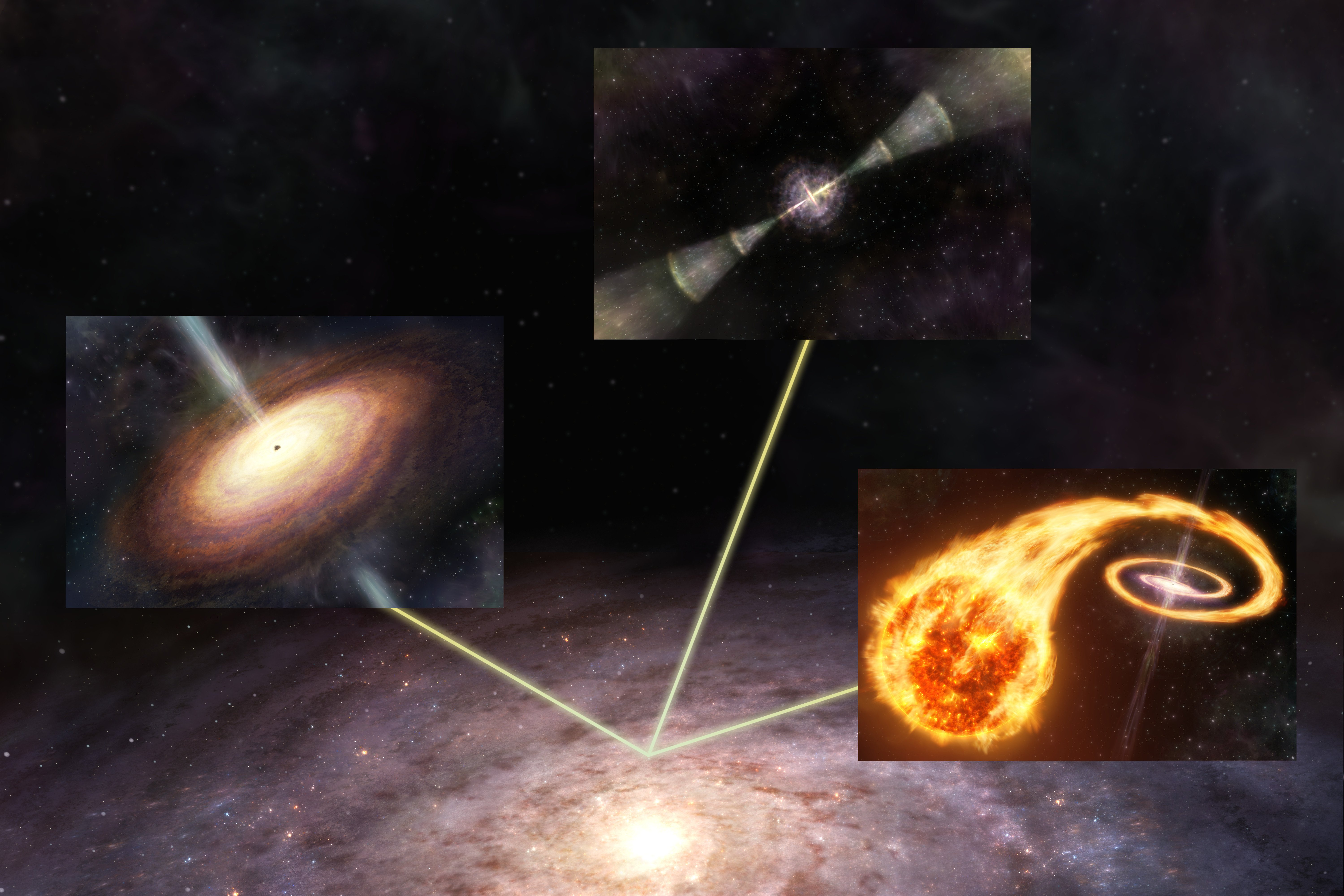 Signals from supernovae (bottom right inset), quasars (middle left inset), and gamma-ray bursts (top center inset) reach Earth in the Milky Way Galaxy (background)