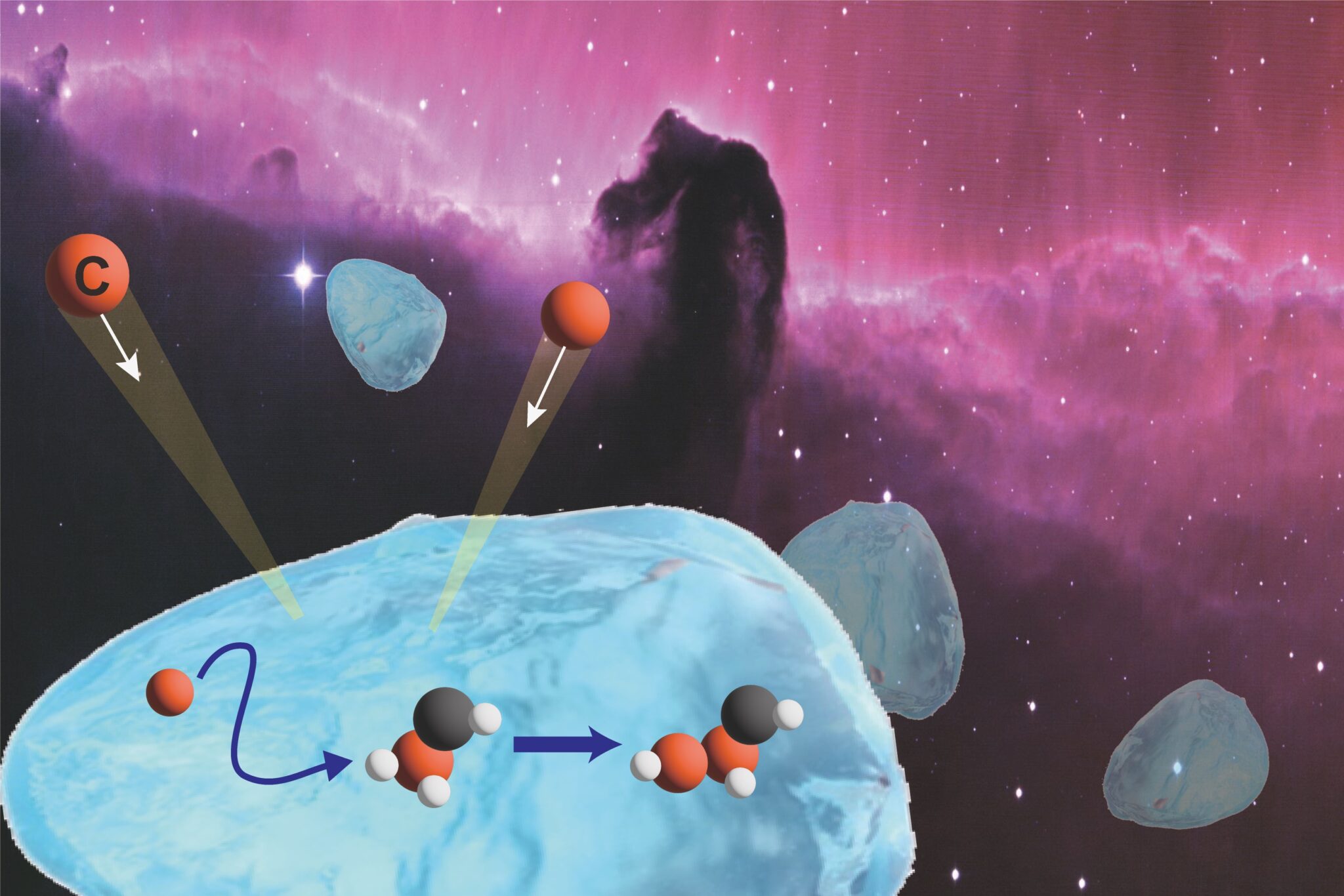 An artistic depiction of the formation of organic compounds on interstellar ice