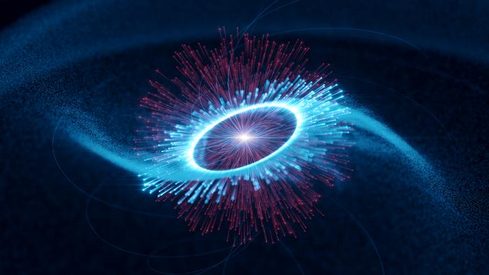 infrared light particles (photons) from the poles of the pulsar are boosted to gamma-ray energies (blue) by fast electrons