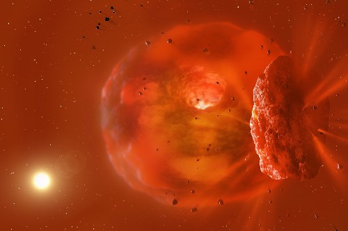 Image shows a visualisation of the huge, glowing planetary body produced by a planetary collision