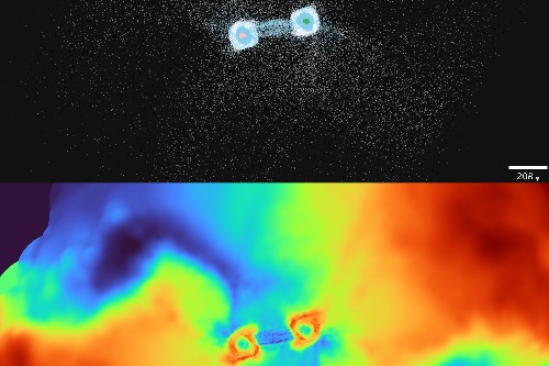 Computer simulations depict the possible appearance during the collision of two icy giant planets