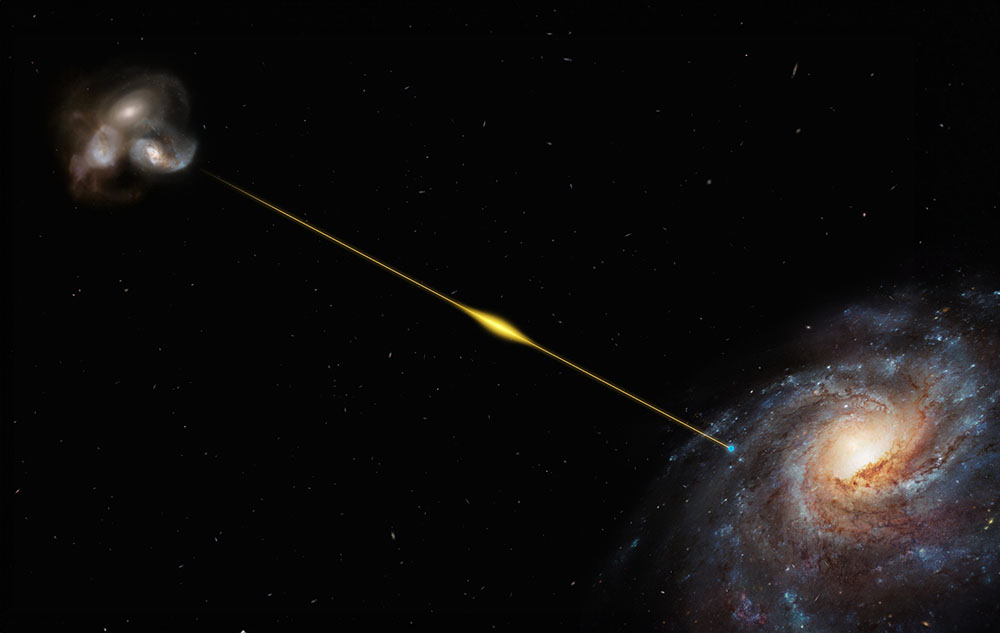 This artist’s impression illustrates the path of the fast radio burst FRB 20220610A, from the distant galaxy where it originated all the way to Earth