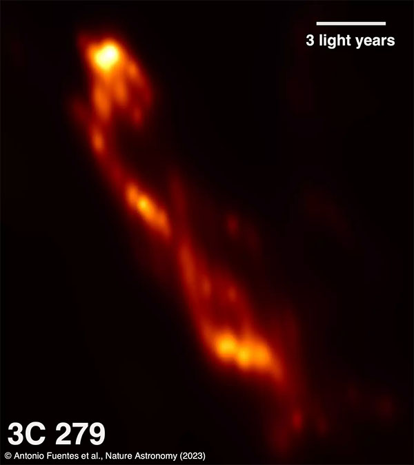 Entangled filaments in the blazar 3C 279, observed by the RadioAstron program. The image reveals a complex structure within the jet with several parsec-scale filaments forming a helix shape.