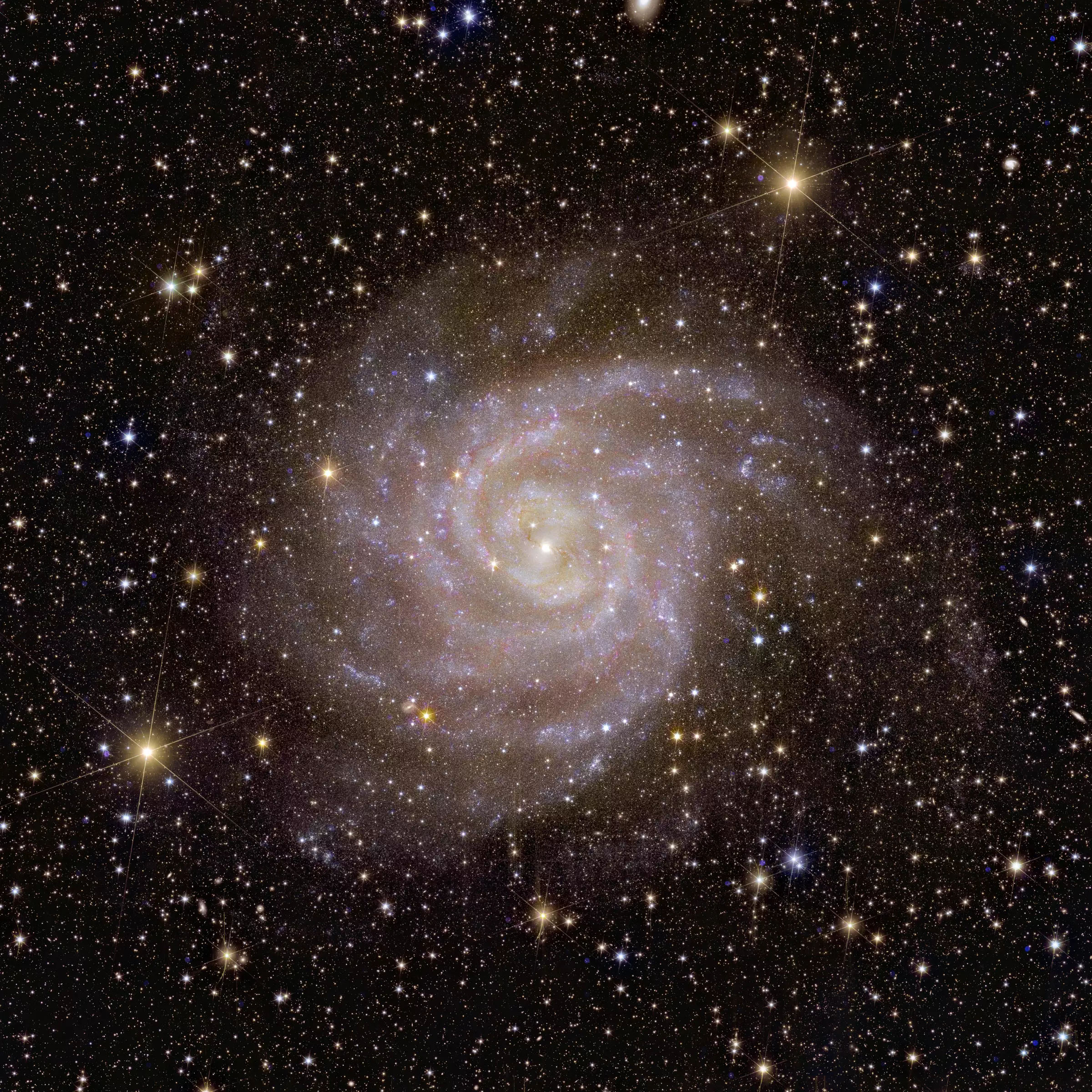 Bluish swirl with recognisable spiral arms and a bright, yellowish centre in front of a starry sky