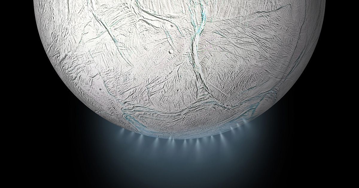 This artistic rendering shows ice plumes being ejected from Enceladus