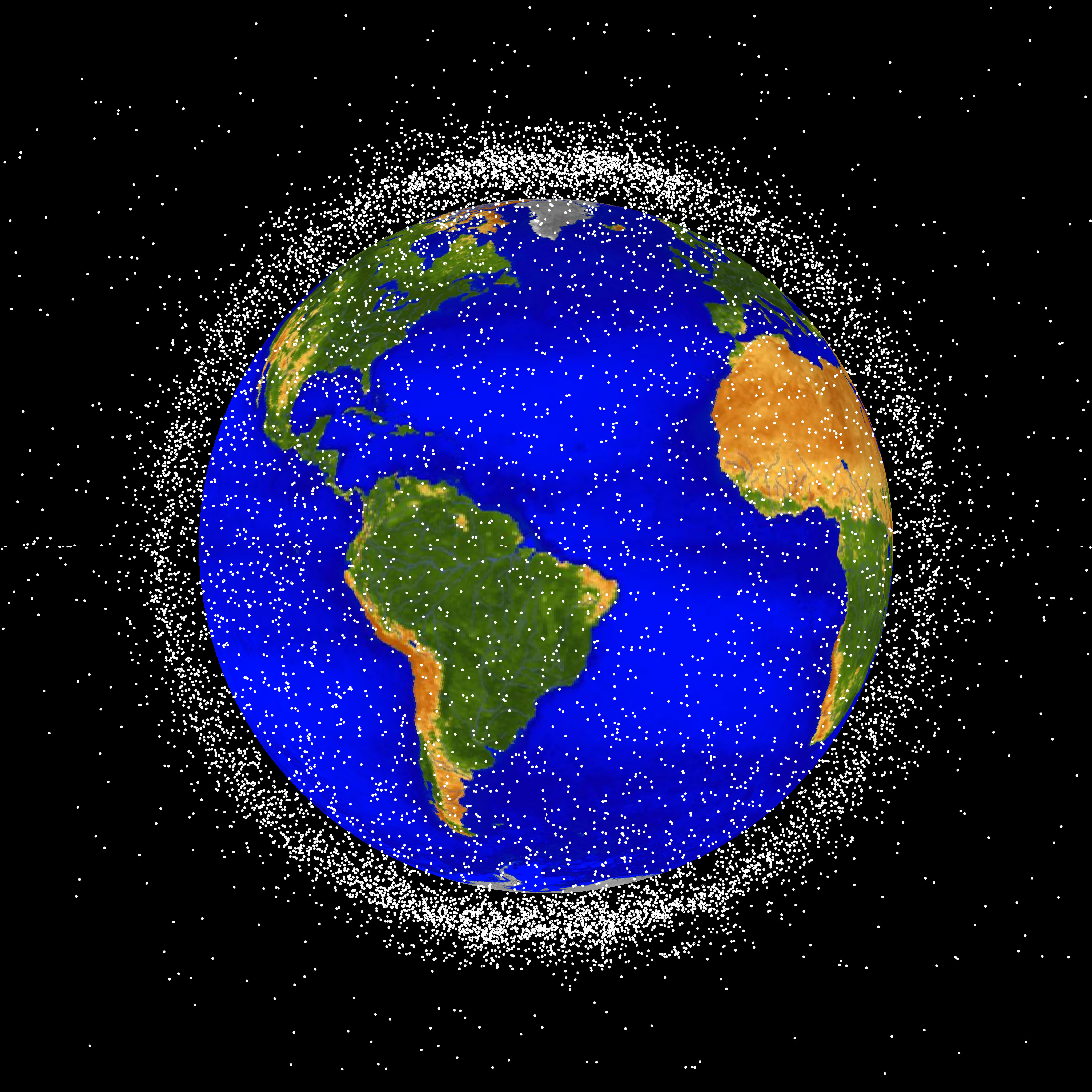 The space junk appears as many small white points surrounding Earth, which has bright blue oceans and green and brown continents.  The space junk is thick enough to form a cloud that obscures most of the black background when viewed from the edges around Earth
