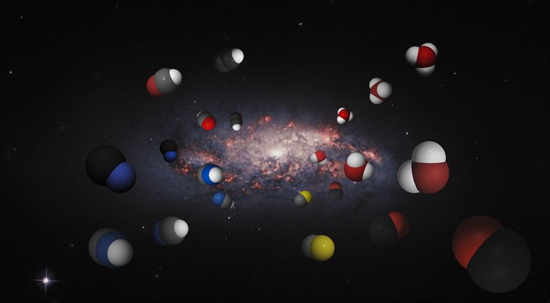 illustration shows representations of the molecules found in the distant galaxy NCv1.143, superimposed on an image of a similar galaxy in the nearby universe – NGC 572 – taken in visible light by the Hubble telescope