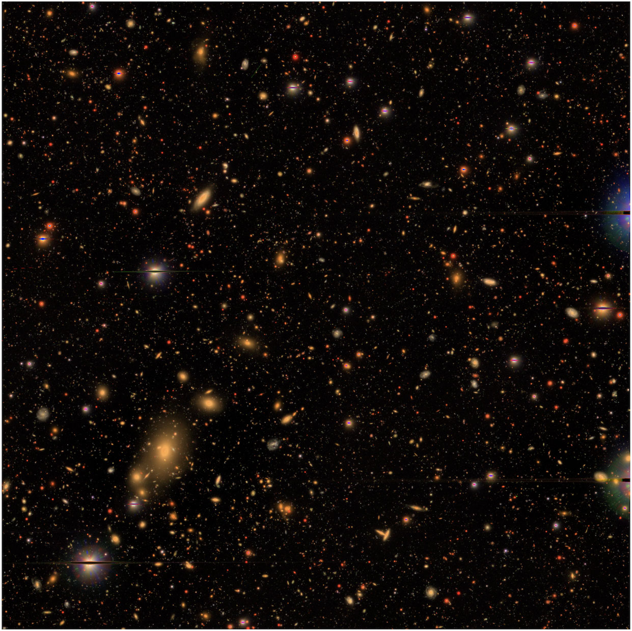 The numerous objects shown in yellow to red all represent galaxies hundreds of millions of light years away from Earth