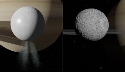 the moons Enceladus (left) and Mimas