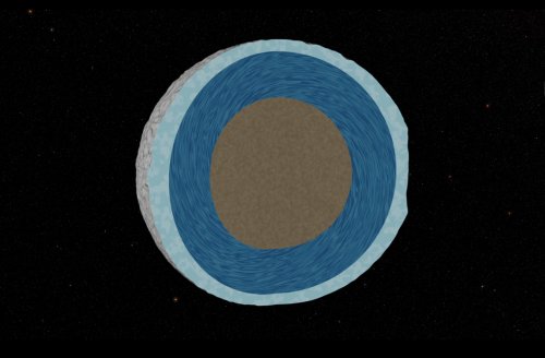 Cross-section of the interior of the moon Mimas, comprising an ice shell, a global water ocean and a silicate core