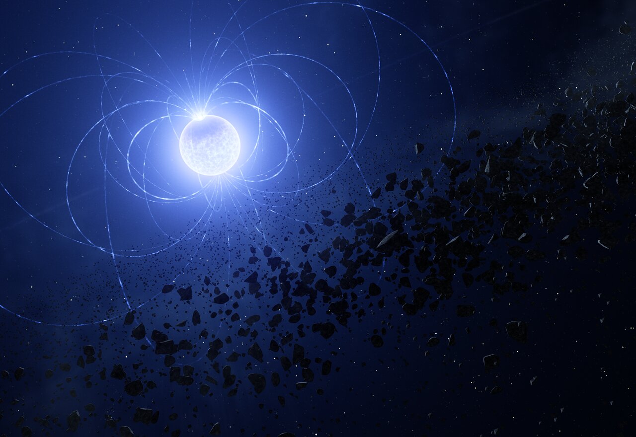 artist’s impression shows the magnetic white dwarf WD 0816-310, where astronomers have found a scar imprinted on its surface as a result of having ingested planetary debris