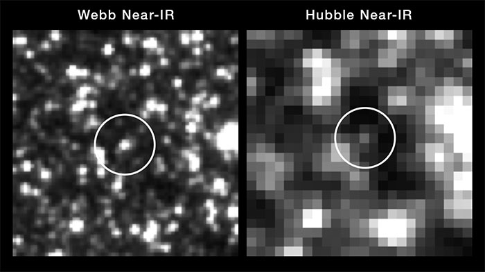 At the center of these side-by-side images is a special class of star used as a milepost marker for measuring the universe’s rate of expansion – a Cepheid variable star