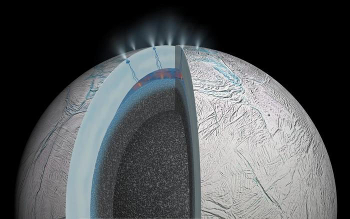 An artist’s rendition of Saturn’s moon Enceladus depicts hydrothermal activity on the seafloor and cracks in the moon’s icy crust