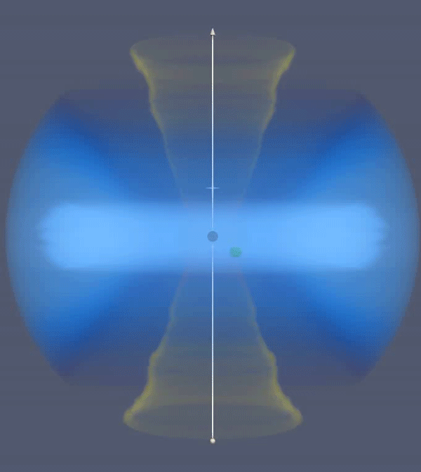 A computer simulation of an intermediate-mass black hole orbiting a supermassive black hole, and driving periodic gas plumes that can explain the observations', giving off plumes of gas