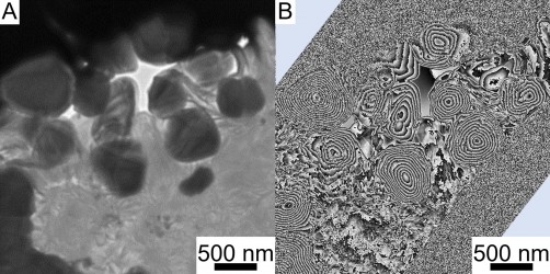 Magnetite (round particles) particles cut from a Ryugu sample