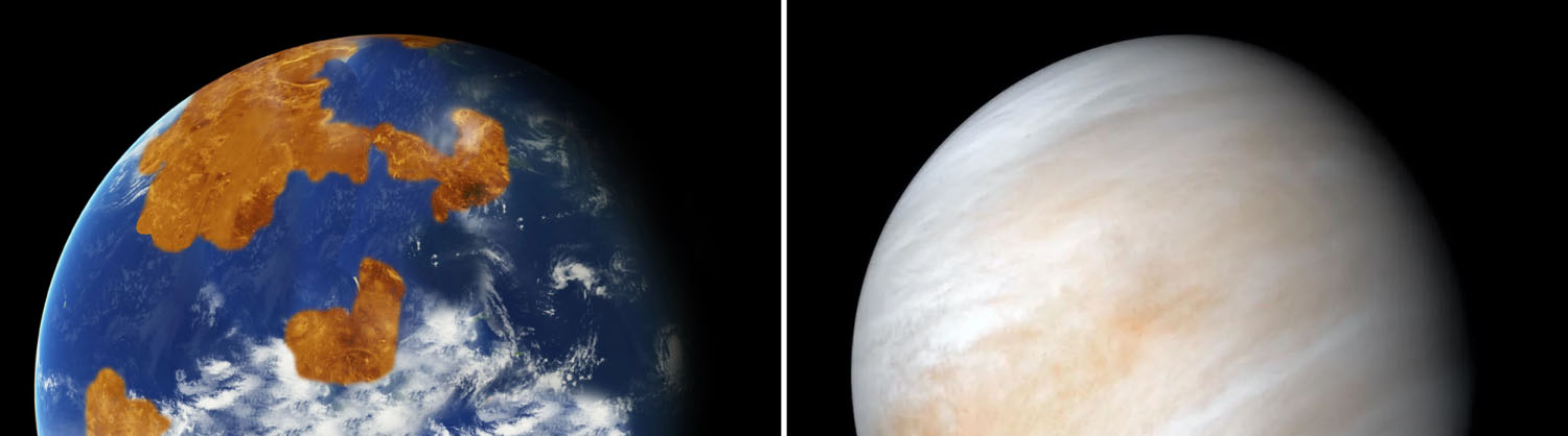 Illustration of what Venus may have looked like billions of years ago with water, left, and what Venus looks like today, right