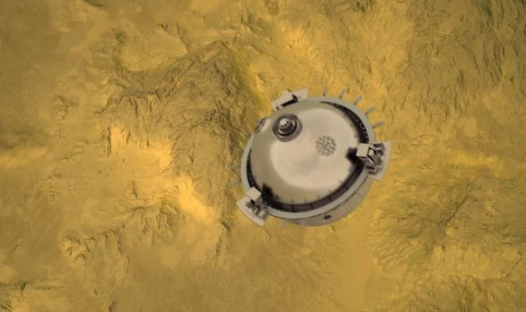 Illustration of NASA's DAVINCI probe falling to the surface of Venus