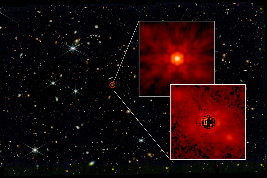 A James Webb Telescope image shows the J0148 quasar circled in red. Two insets show, on top, the central black hole, and on bottom, the stellar emission from the host galaxy.
