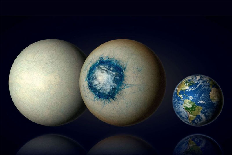 Temperate exoplanet LHS 1140 b may be a world completely covered in ice (left) similar to Jupiter’s moon Europa or may be an ice world with a liquid substellar ocean and a cloudy atmosphere (centre).