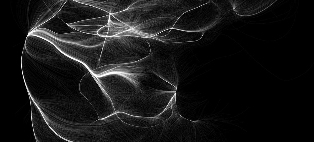 The image is a representation of the distribution of matter in the local universe and shows how matter flows, i.e. along which trajectories (thin lines) the galaxies move