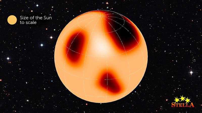 Snapshot image of the surface of the K-giant XX Trianguli. The size of the sun is shown for comparison.