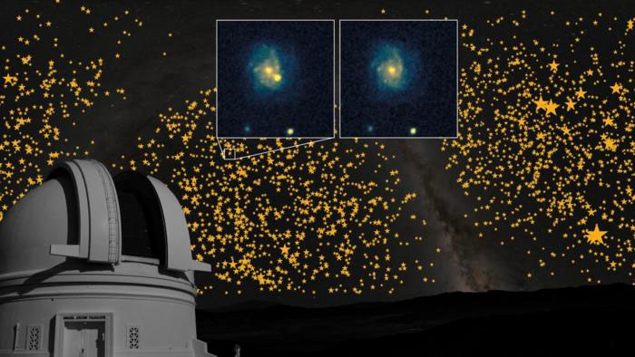 The Palomar 48 inch telescope with an image of the Milky Way in the background.
