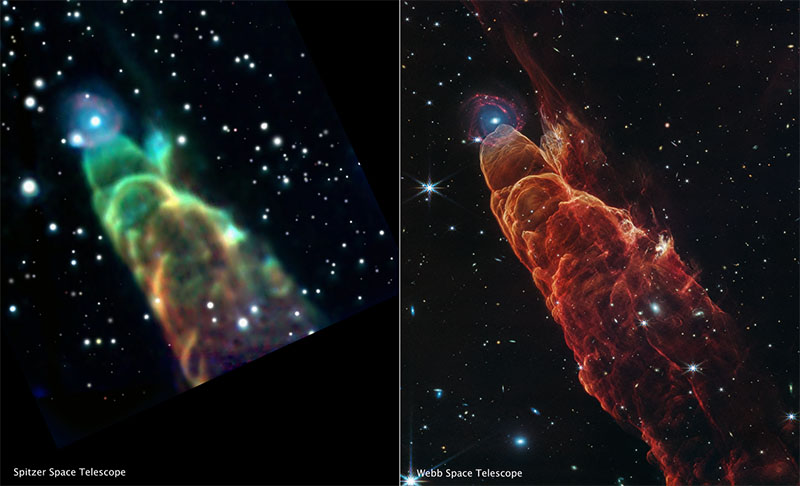  side-by-side comparison shows a Spitzer Space Telescope image of HH 49/50 (left) versus a Webb image of Herbig-Haro 49/50