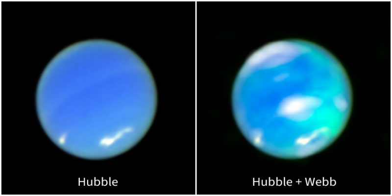 At the left, an enhanced-color image of Neptune from NASA’s Hubble Space Telescope. At the right, that image is combined with data from NASA’s James Webb Space Telescope.