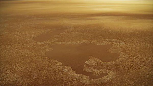 This artist's concept of a lake at the north pole of Saturn's moon Titan illustrates raised rims and rampart-like features