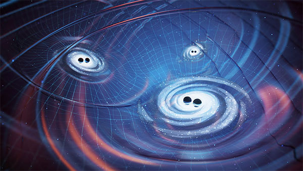 Artist's depiction of supermassive black holes generating the universe's gravitational wave background