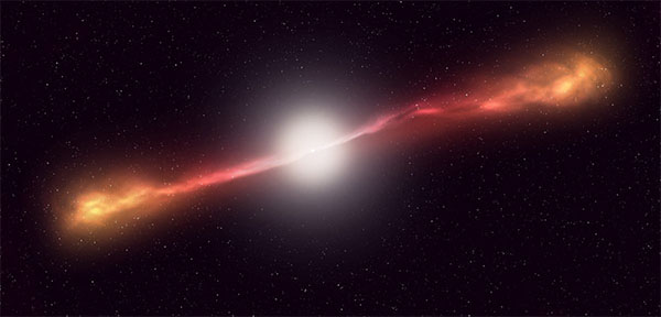 rtistic illustration of spectacular jets propelled by gravitational energy from a supermassive black hole at the heart of the elliptical galaxy Hercules A
