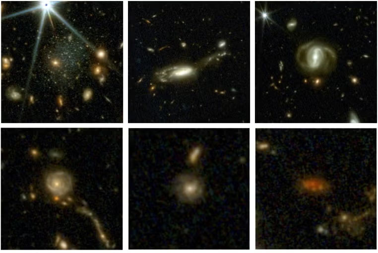 Six images of galaxies taken from nearly 800,000, from upper left to lower right: the present-day universe, and 3, 4, 8, 9 and 10 billion years ago