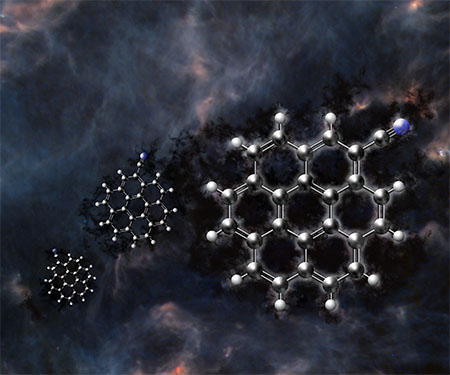 An artist's impression of the newly identified, largest polycyclic aromatic hydrocarbon detected to date in space, cyanocoronene