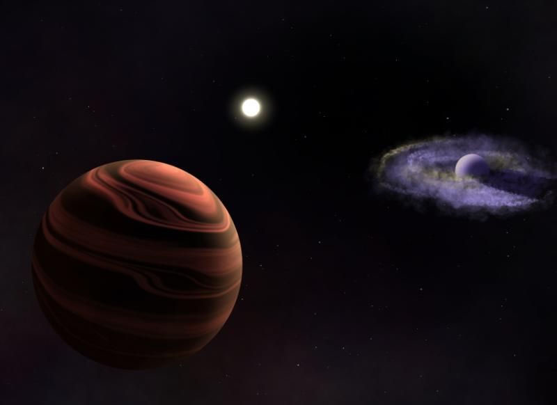 Artist impression of the YSES-1 System consisting of the ~16 Myr Sun-like star in the center, YSES-1 b and its dusty circumplanetary disk (right), and YSES-1 c with silicate clouds in its atmosphere (left)