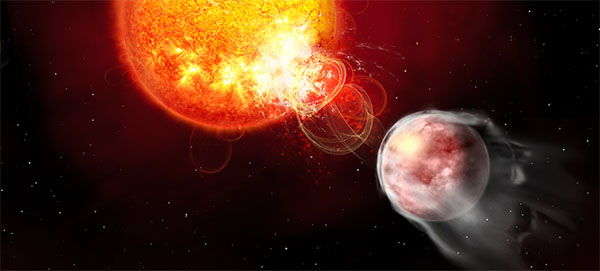 Artist's impression of the young star-planet system HIP 67522, where a planet triggers energetic eruptions on its host star