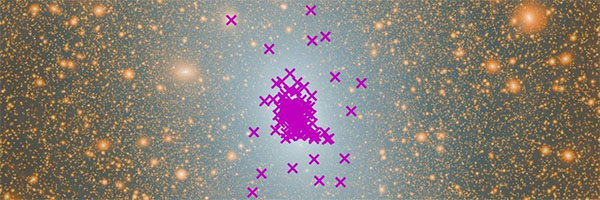 A simulation showing a bright white galaxy at the centre, surrounded by fainter galaxies, against a black backdrop. The new predicted Milky Way “orphan satellite” galaxies are marked with an 'x' symbol.