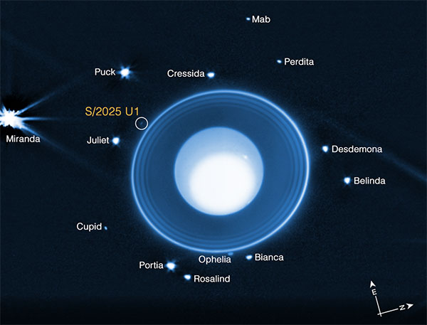 a previously unknown moon (circled) orbiting Uranus between its satellites Bianca and Ophelia