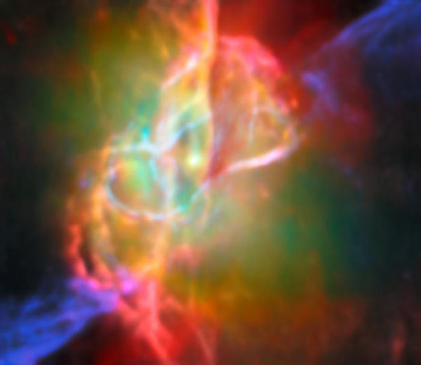 the doughnut-shaped torus and interconnected bubbles of dusty gas that surround the Butterfly Nebula’s central star