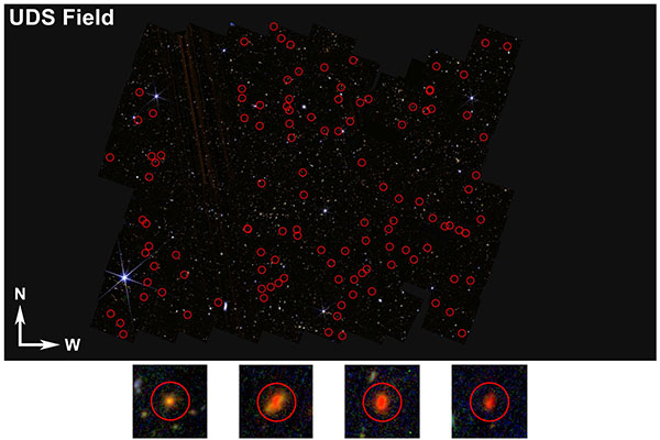 nfrared view of the UDS Field taken with NASA’s James Webb Space Telescope, showing 300 unusually bright objects marked in red circles