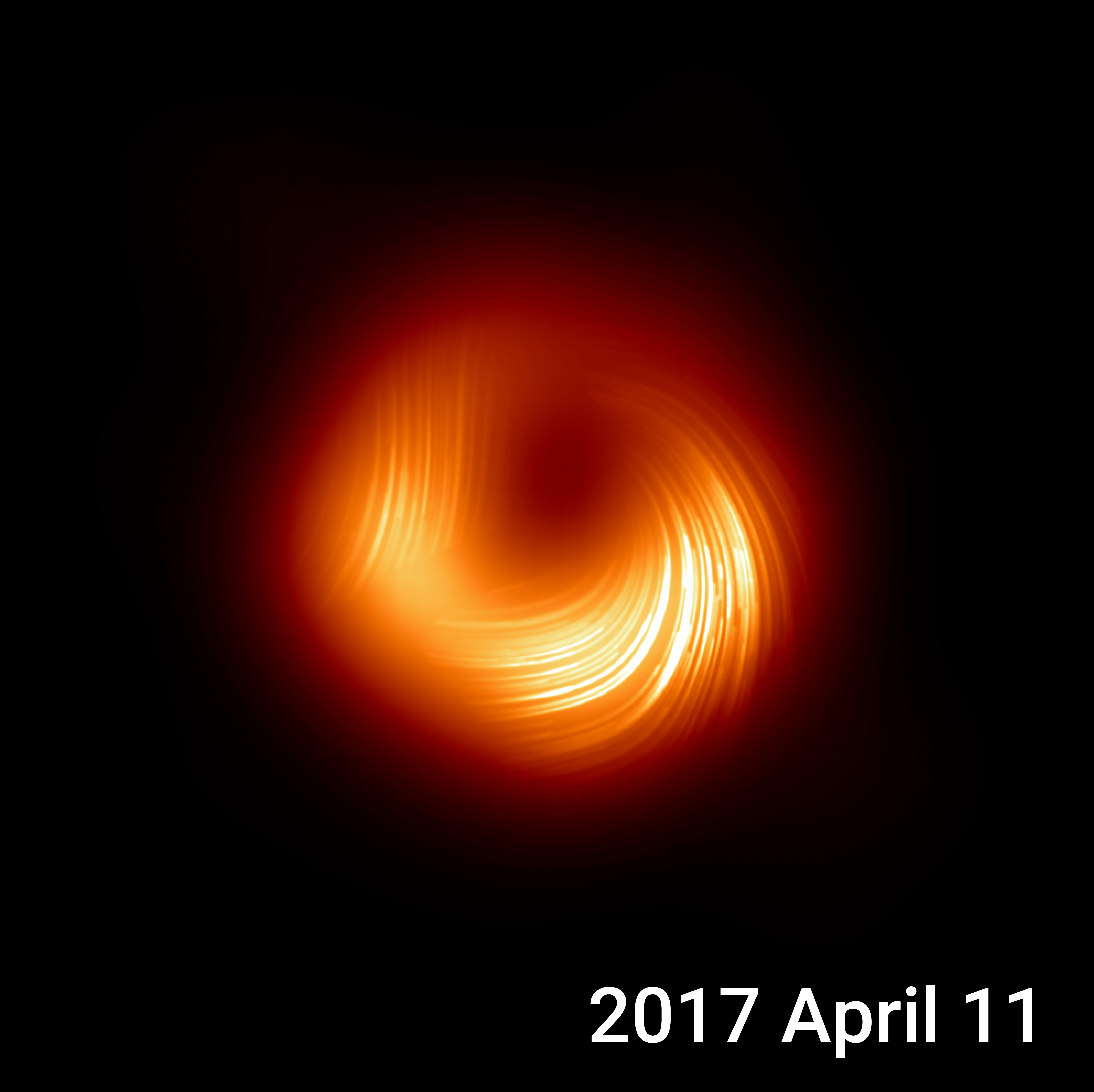 The three images with changing polarization patterns caused by the magnetic fields of the supermassive black hole M87* as animated GIF