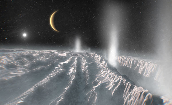 An artist’s impression of plumes erupting onto the surface of Enceladus