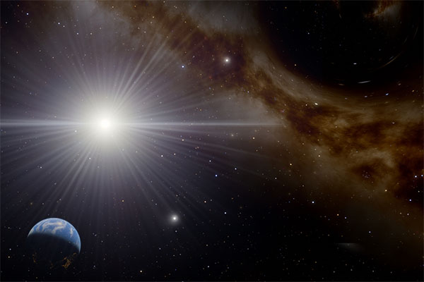 An artist’s illustration showing a tiny black hole within our Milky Way galaxy (top right), which could emit a burst of energetic particles due to Hawking radiation, a few of which would be detected on Earth (lower left)