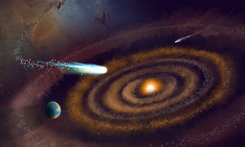 This artist’s impression shows the evolution of heavy water molecules (H2O, HDO, and D2O) as they have been observed in giant molecular clouds, a planet forming-disk, and comets—before they eventually may have made their way to Earth